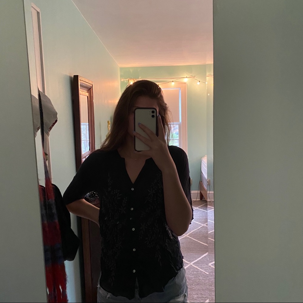 Anthropologie Navy Floral Detail Top